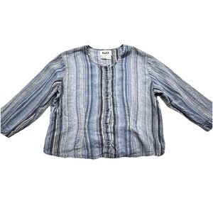 Flax‎ Crop Linen Button Up Striped Shirt Size M Blue Yellow Lagenlook Beach Boho